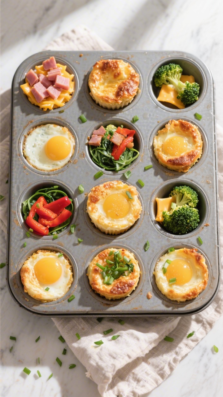 Tasty top view: Overhead shot of a 12-cup muffin tin filled with baked egg bites, each topped differ