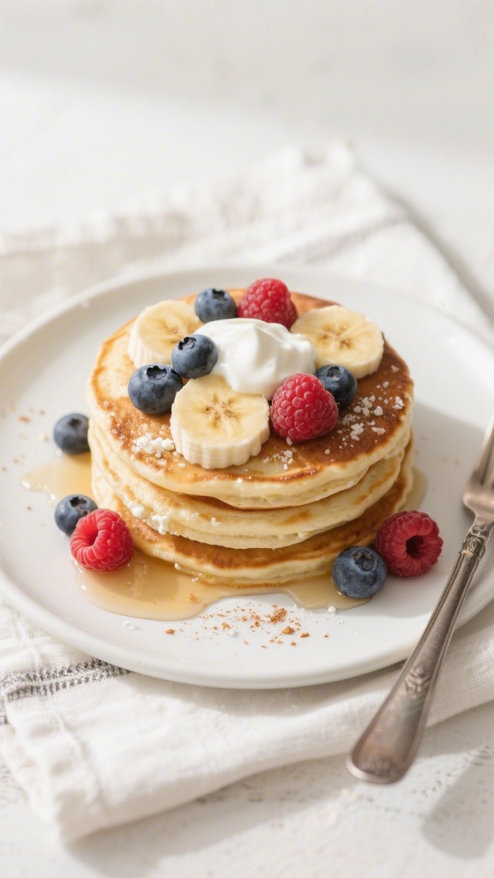 Tasty top view: Overhead shot of plated banana cottage cheese pancakes arranged in a neat stack on a