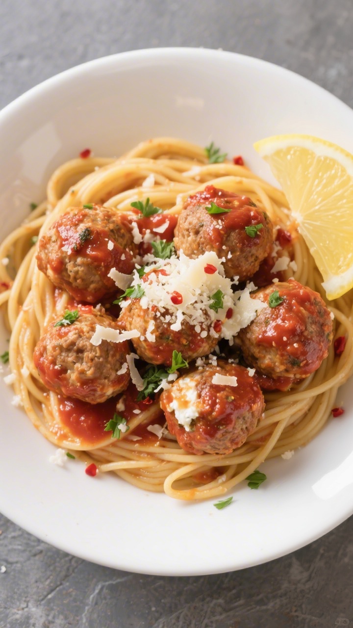 Tasty top view: Overhead shot of spaghetti and marinara topped with 5–6 cottage cheese meatballs,