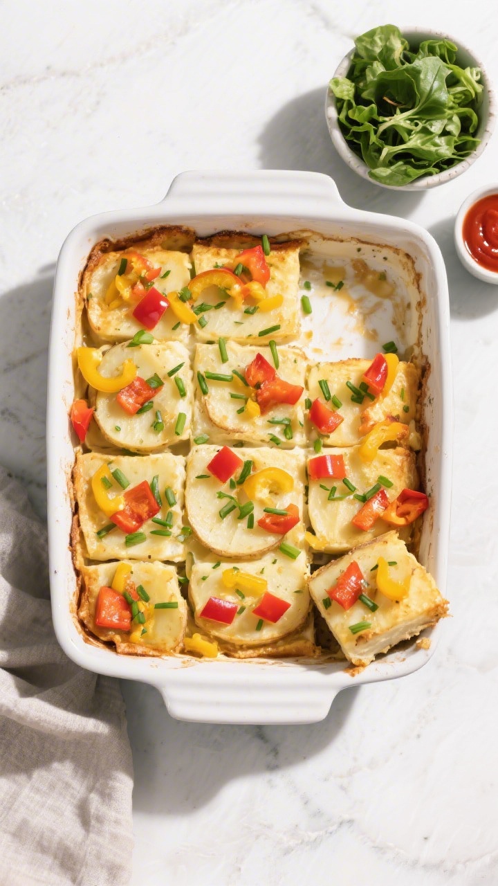 Tasty top view: Overhead shot of the casserole cut into neat squares in the baking dish, evenly spri