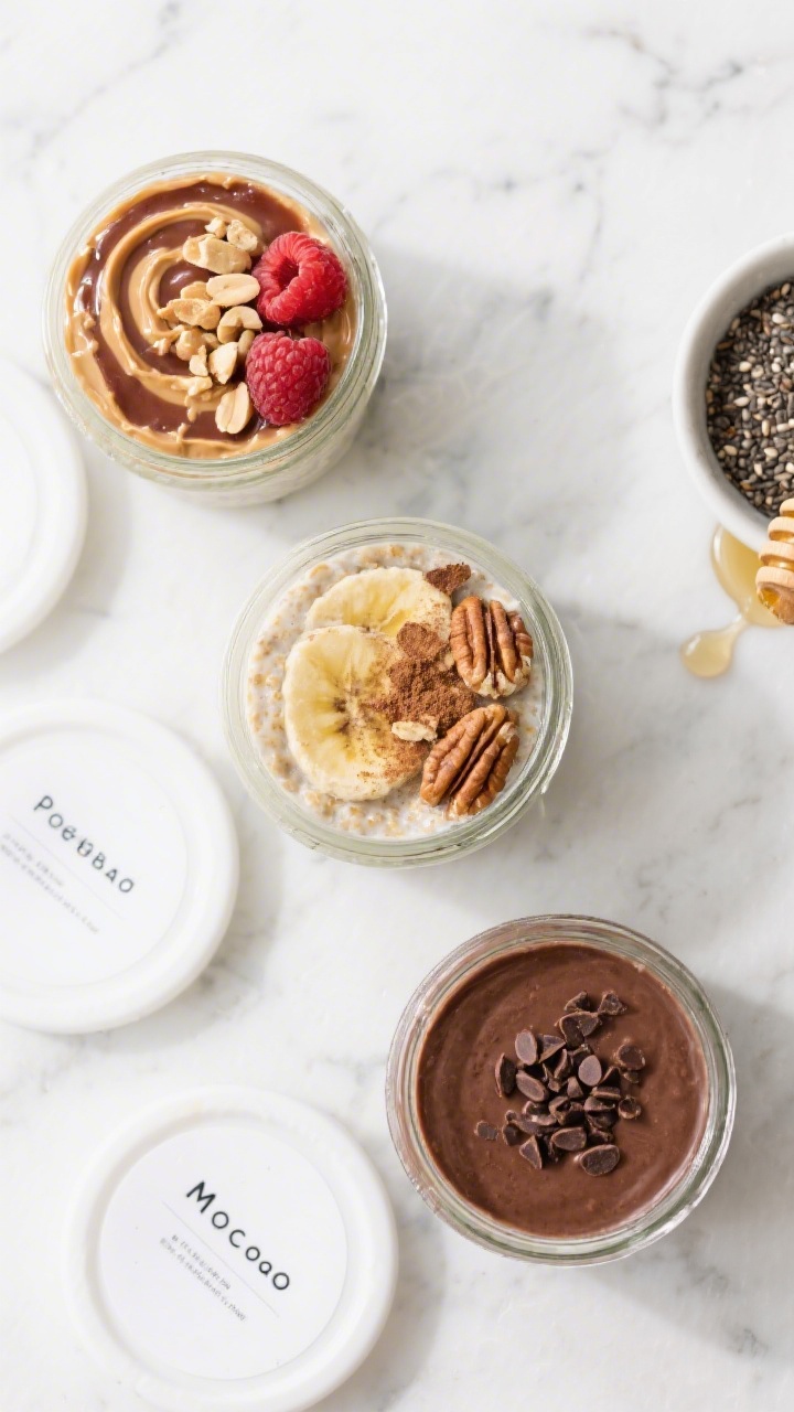 Tasty top view: Overhead shot of three single-serve meal-prep jars filled with overnight oats—one