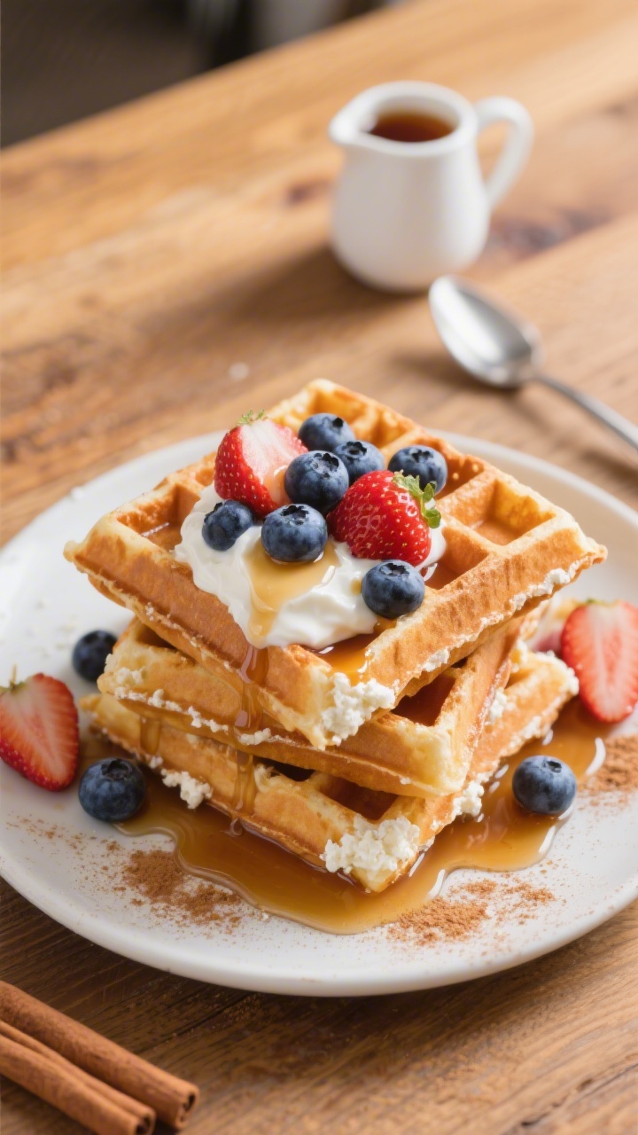 Tasty top view (sweet): Overhead brunch spread of stacked cottage cheese waffles with crisp edges, t
