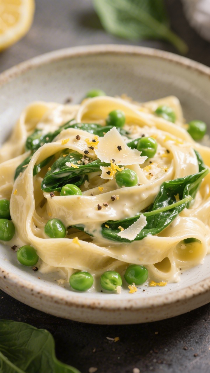 Variation with add-ins — vegetable-forward plating: Close-up detail of Alfredo-coated pasta ribbon