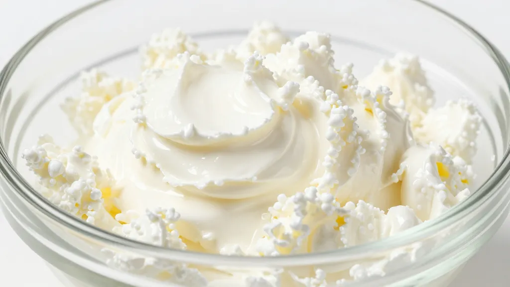 closeup of silky blended cottage cheese texture in glass bowl
