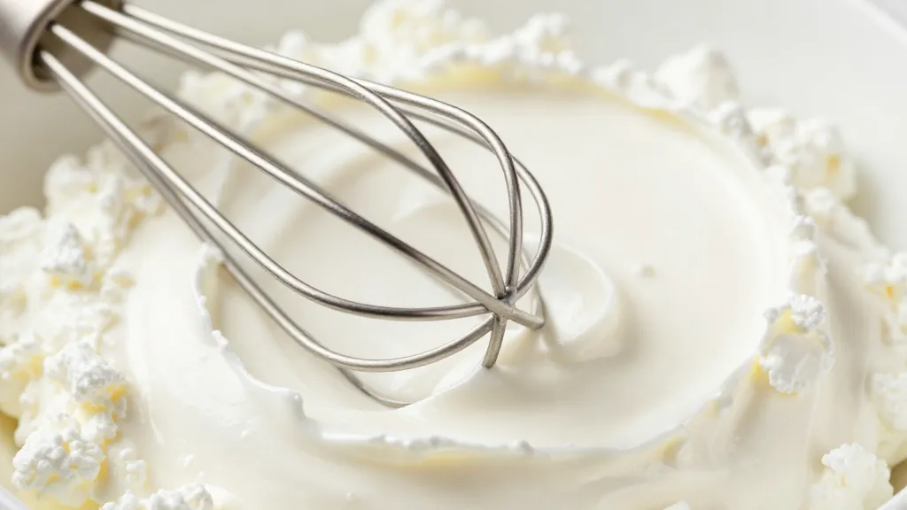 closeup of single dairy whisk resting beside smooth cottage cheese