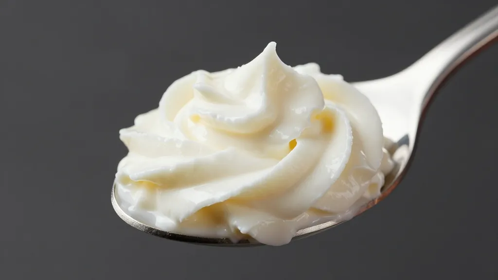 closeup of smooth cottage cheese swirl on pale spoon, studio light