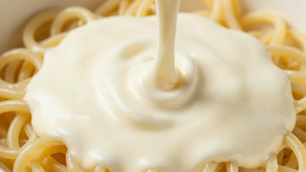 Closeup of glossy cottage cheese sauce being stirred into pasta