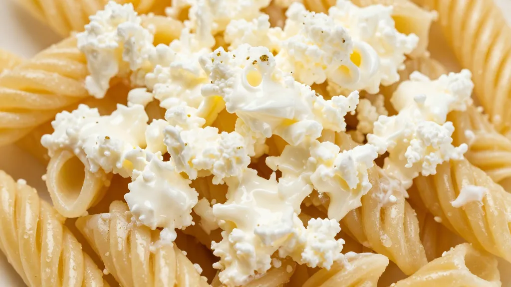 Closeup of al dente pasta with silky cottage cheese coating