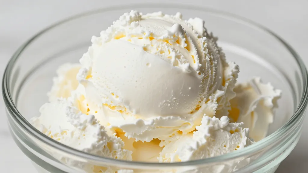 Closeup of fluffy whipped cottage cheese scoop on glass bowl