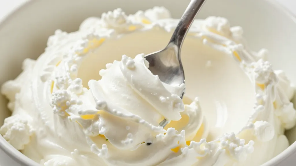 Side-profile closeup of whisk blending cottage cheese