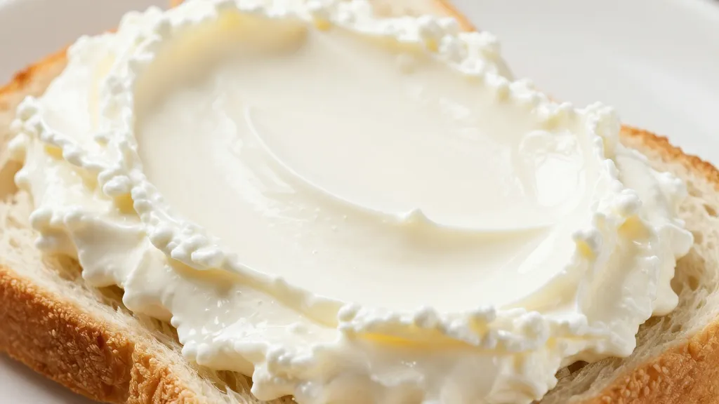 Closeup shot of smooth whipped cottage cheese spread on toast