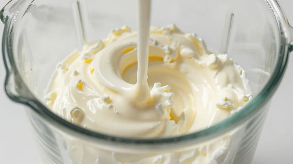 Closeup of blended cottage cheese velvet sauce in a glass blender jar