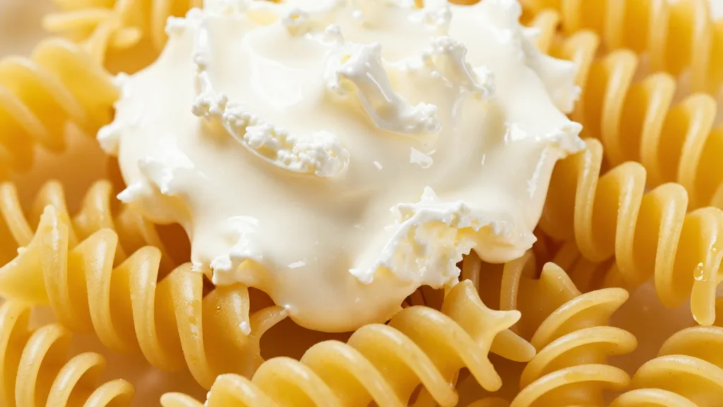 Closeup of silky cottage cheese sauce drizzle over spirali pasta