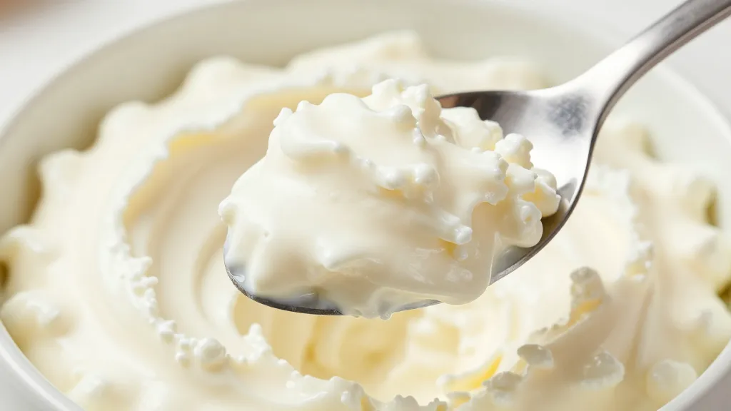 Closeup of a spoon lifting creamy cottage cheese sauce from a white bowl