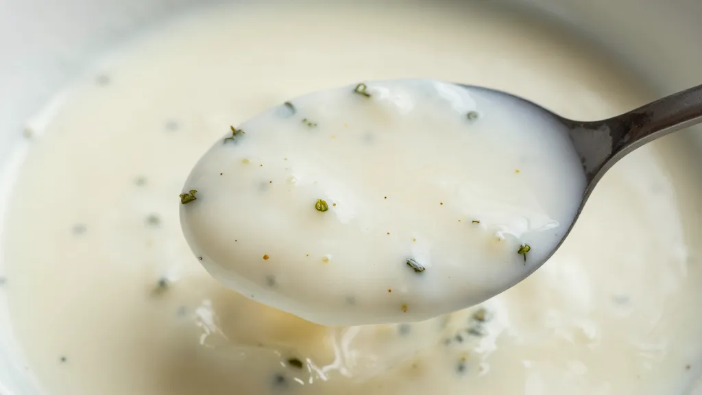 Closeup of herb specks floating in pale cottage cheese sauce on a spoon