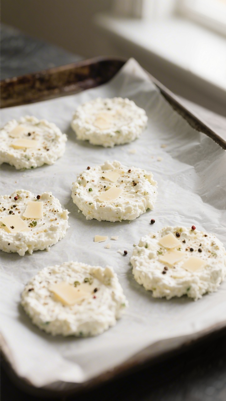 5 inch disks of seasoned cottage cheese mixture (with visible Parmesan flecks and pepper), showing u