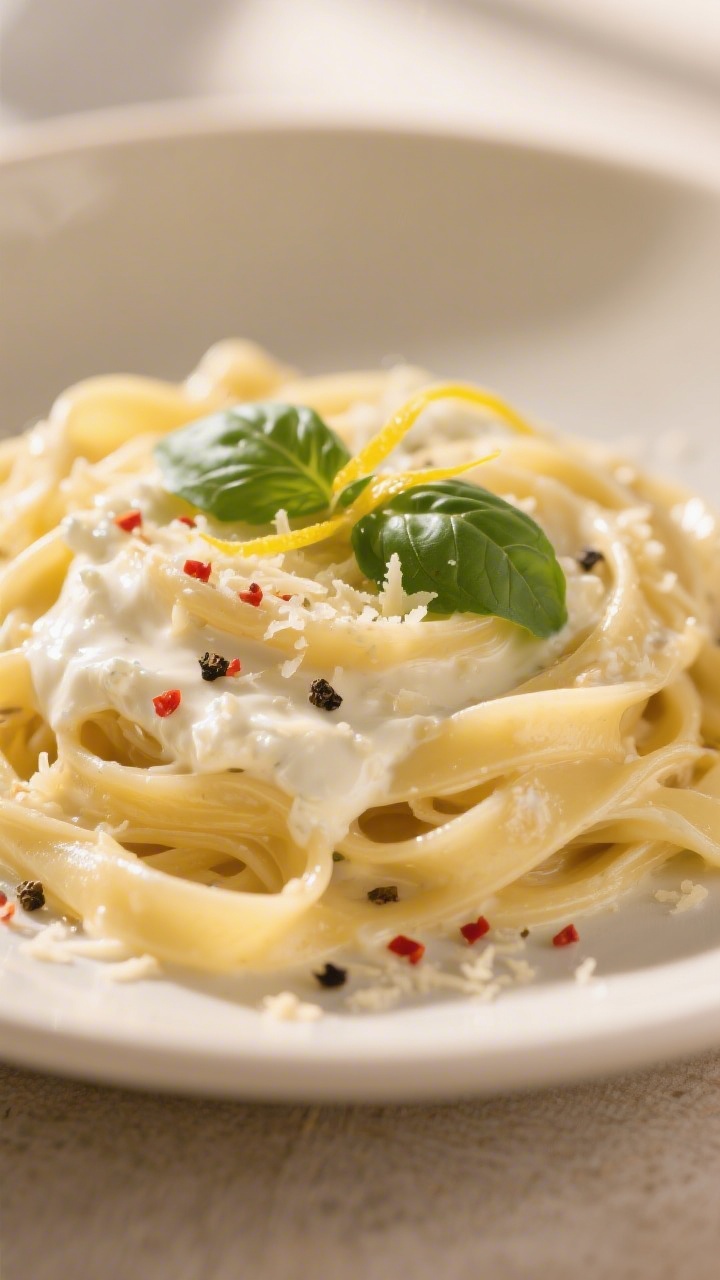 Close-up creamy detail: Extreme close-up of fettuccine coated in the silky cottage cheese Alfredo-st