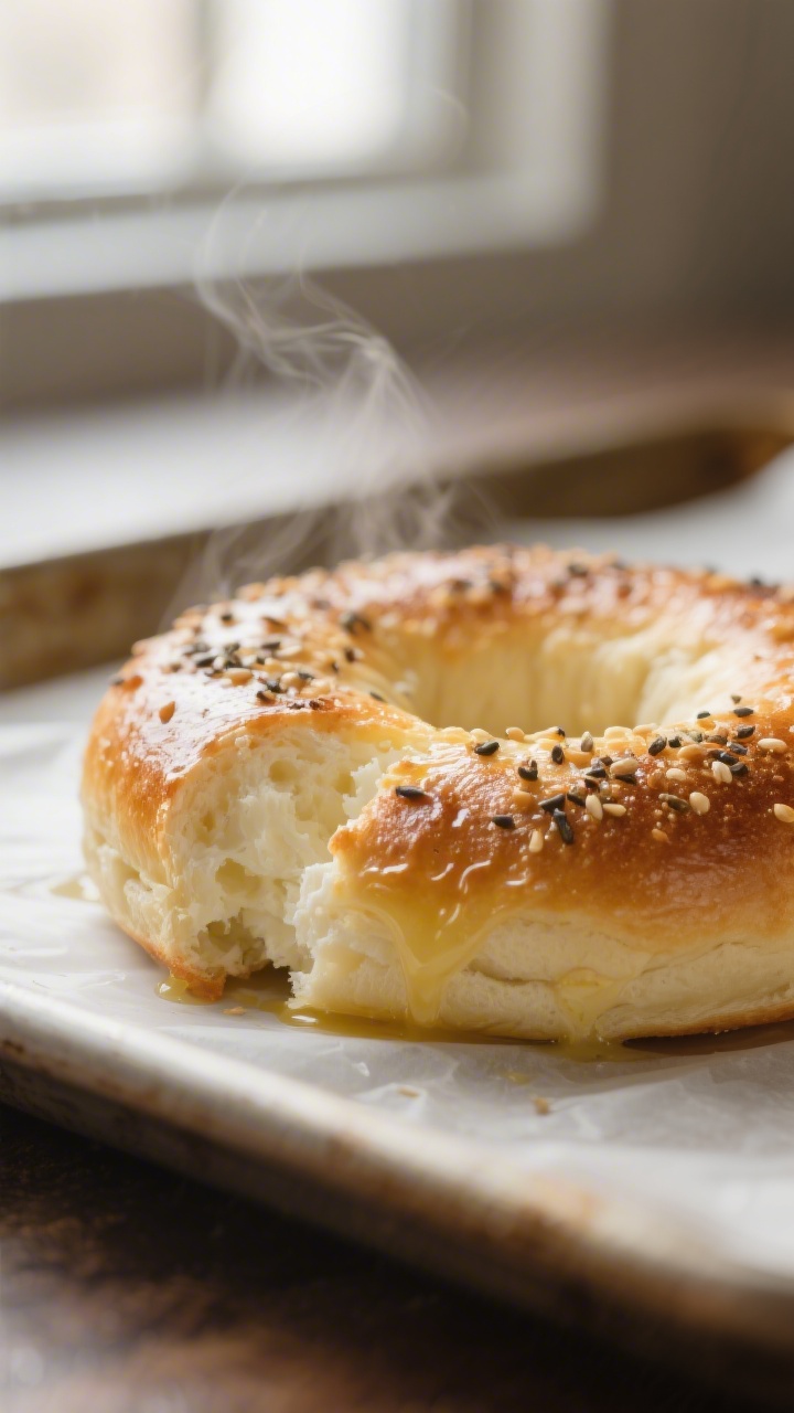 Close-up detail: A freshly baked cottage cheese bagel just out of the oven, surface lightly golden w