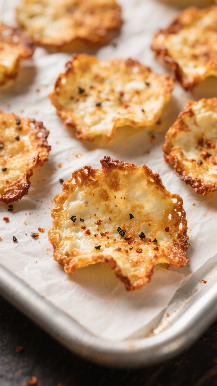 Close-up detail: Extra crispy cottage cheese chips just out of the oven on parchment, deep golden-br