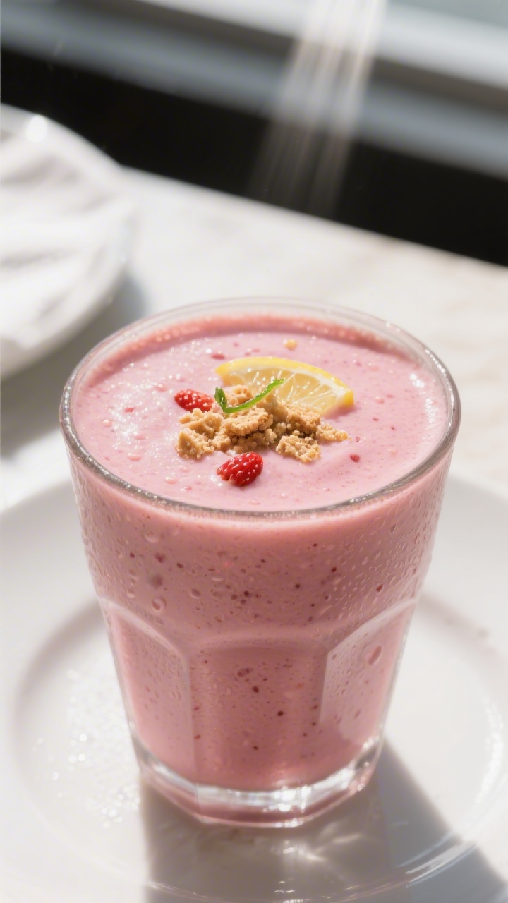 Close-up detail of the Strawberry Cheesecake smoothie in a squat glass, thick pink blend with a velv