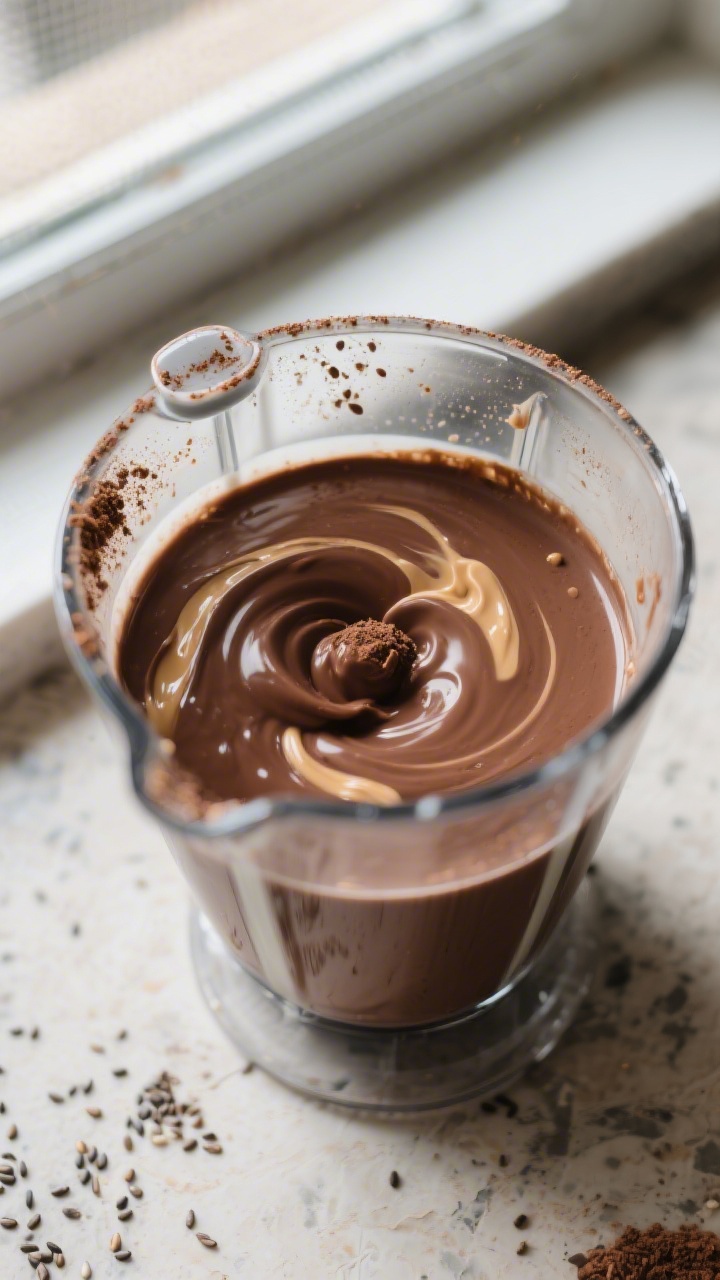 Cooking process: Blender jar mid-blend for the Chocolate Peanut Butter variation, viewed from a top-
