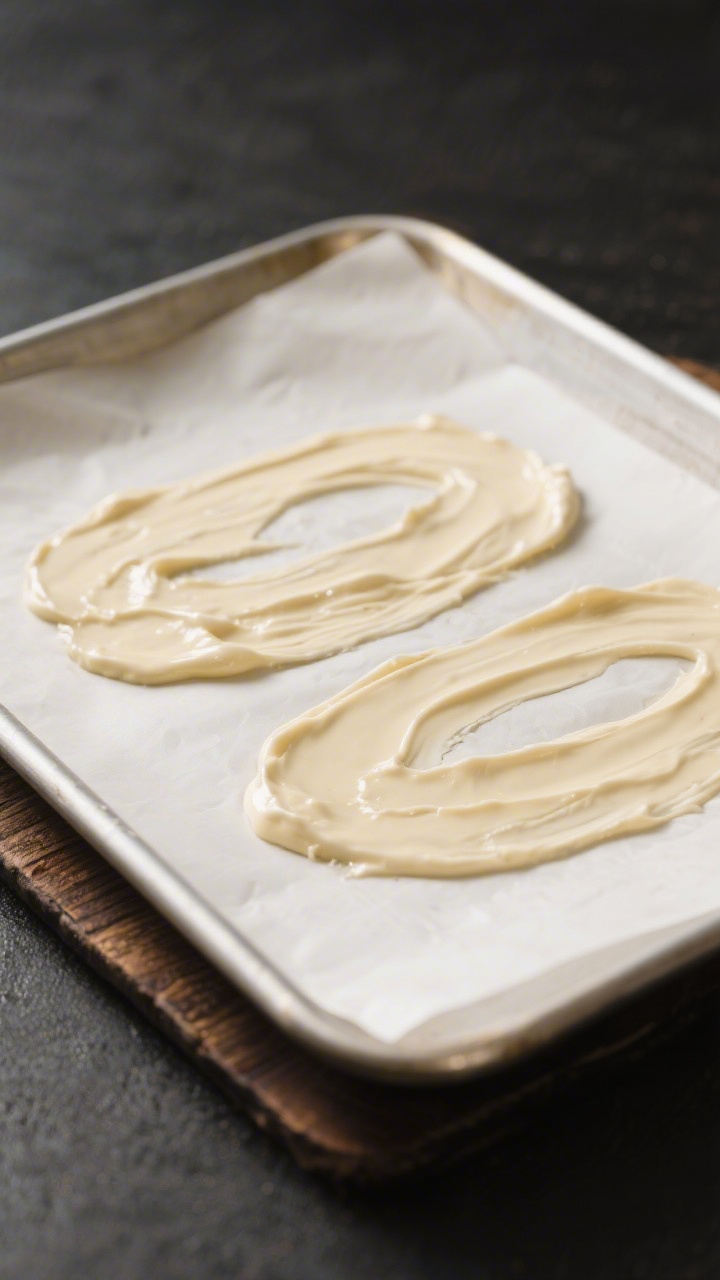 Cooking process: Overhead shot of a parchment-lined rimmed baking sheet with evenly spaced, thinly s
