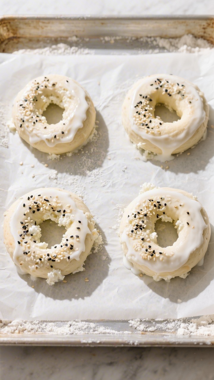 Cooking process: Overhead shot of four shaped cottage cheese bagels on a parchment-lined sheet pan,