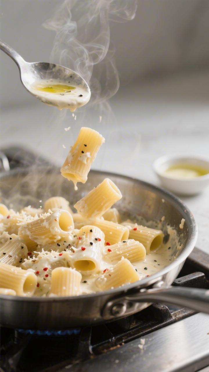 Cooking process, stovetop toss: Al dente rigatoni being gently tossed in a wide stainless-steel skil