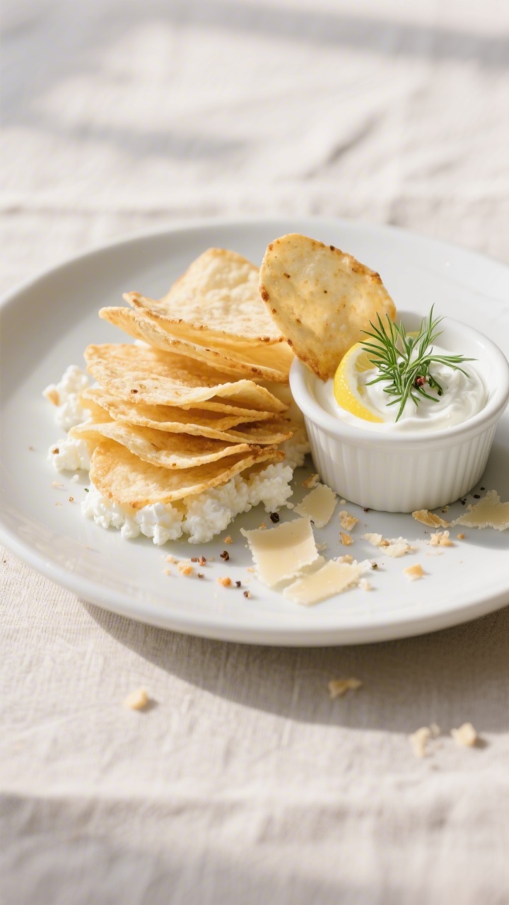 Final dish presentation: Beautifully plated cottage cheese chips stacked and fanned on a matte white
