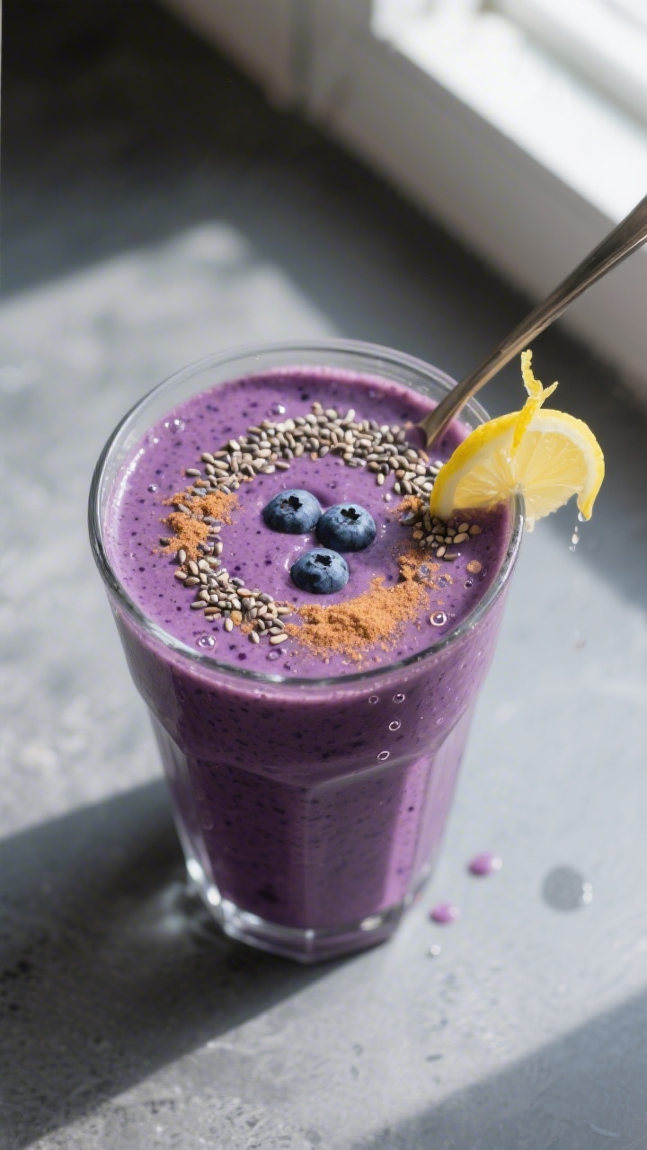 Final presentation: Blueberry Lemon Muffin smoothie in a tall glass set on a slate-gray surface, ove