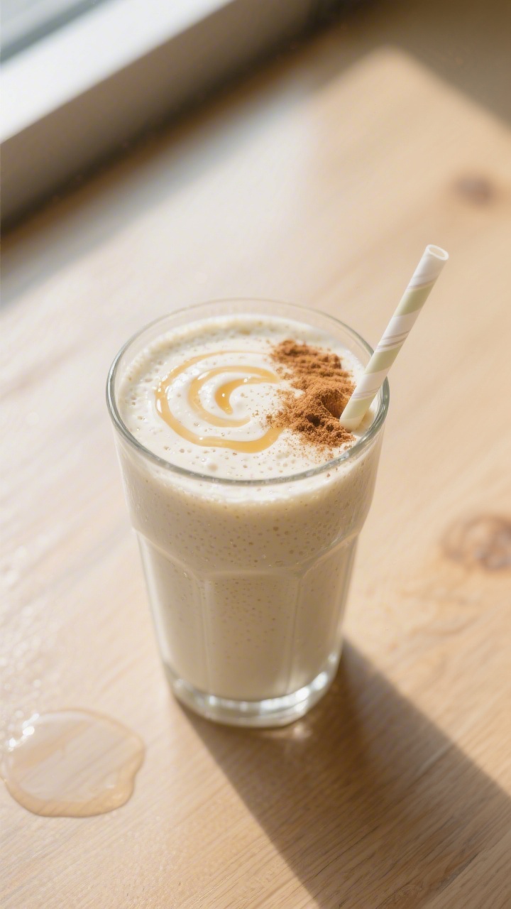 Overhead shot of the Base Cottage Cheese Smoothie just poured into a chilled clear glass, creamy and