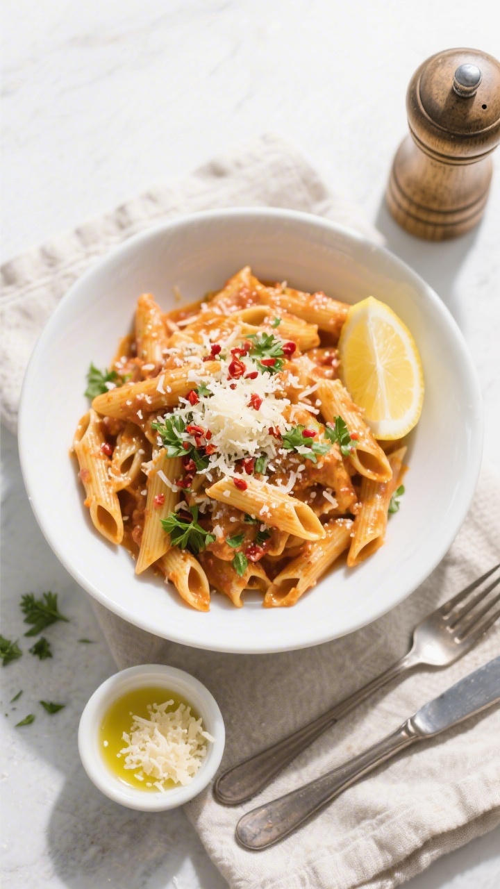 Tasty top view, final plating: Overhead shot of a wide, white bowl filled with saucy penne, sprinkle