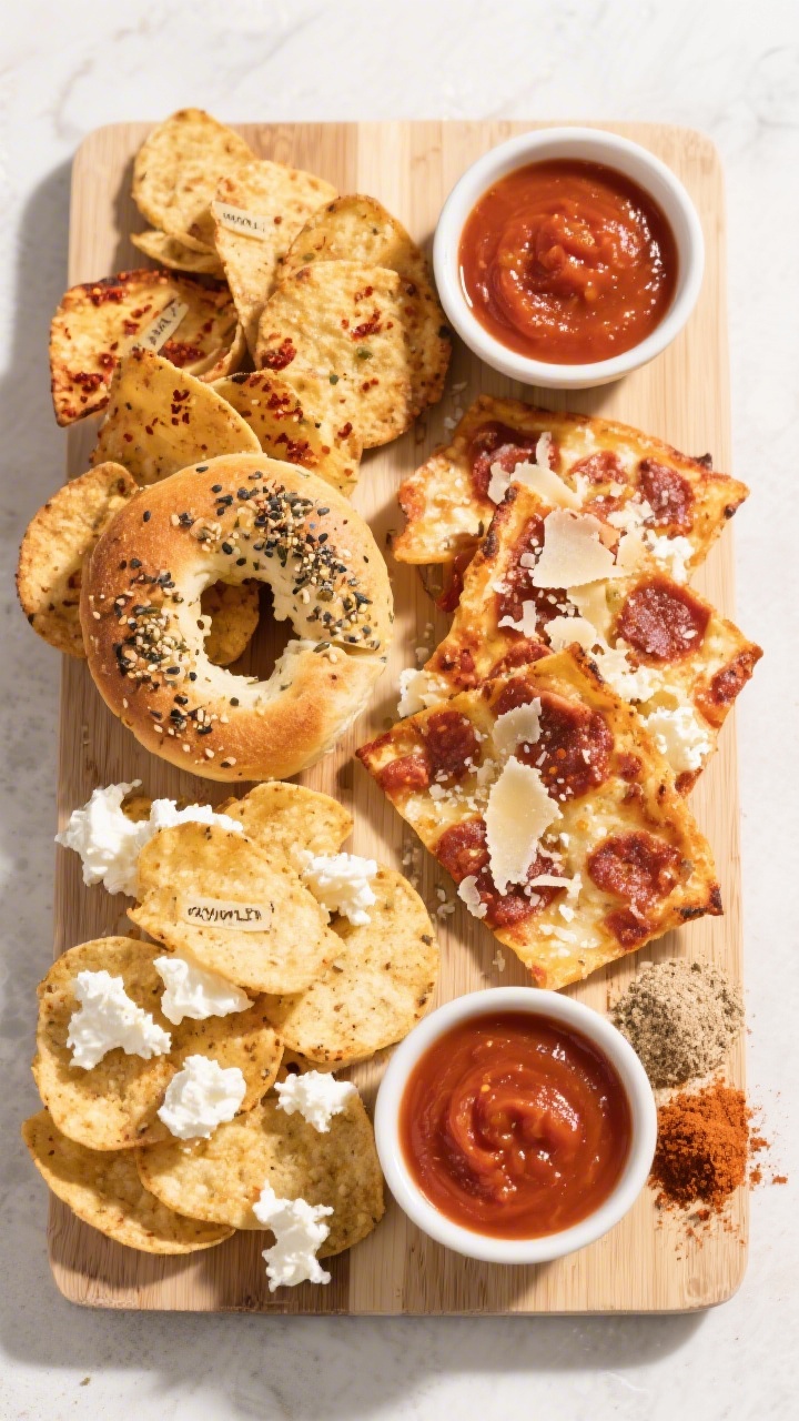 Tasty top view: Overhead board snack spread featuring multiple cottage cheese chip variations—ever