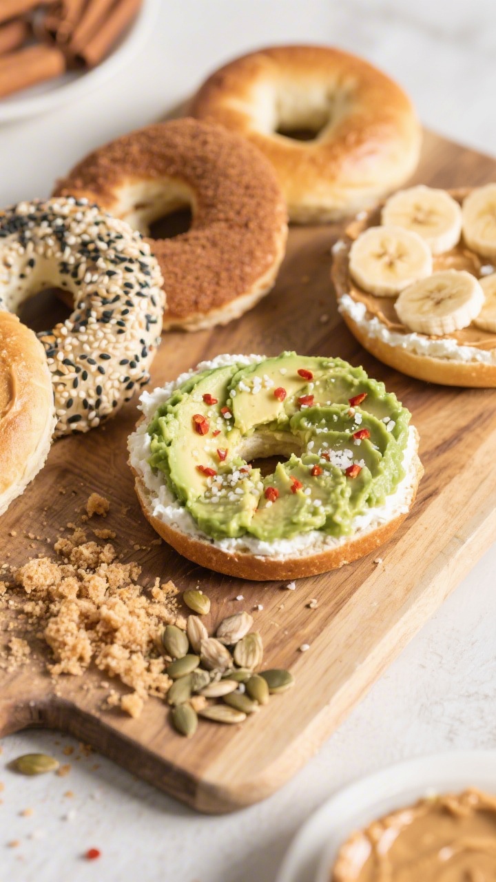 Tasty top view: Overhead of a breakfast spread featuring assorted 2-ingredient cottage cheese bagels