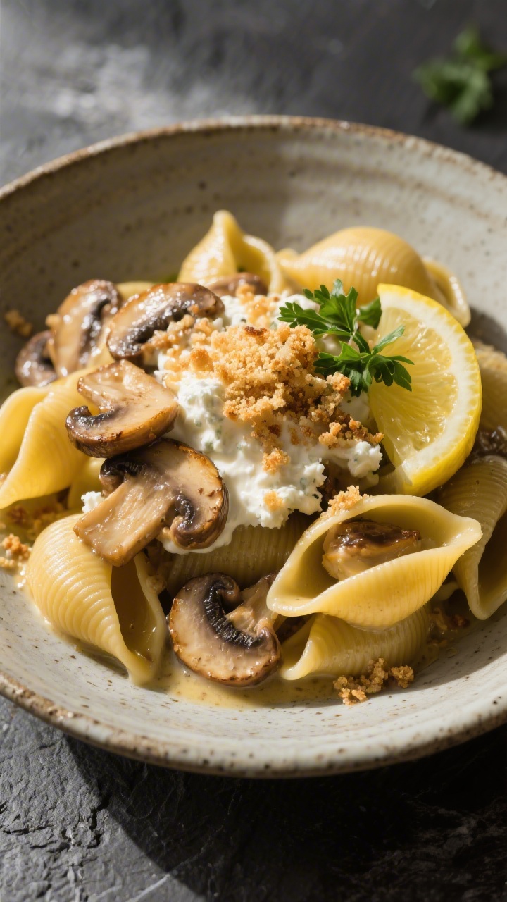 Variation highlight, final dish: Mushroom umami version—overhead-meets-45° angle of shells pasta