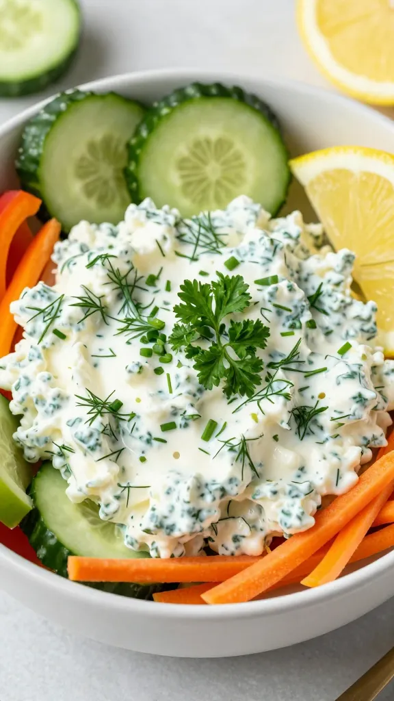 Create a realistic, high-quality photo of a Creamy Herb Cottage Cheese Bowl with Crunchy Veggies. Center a bowl filled with smooth, creamy cottage cheese as the base, garnished with bright, chopped dill, chives, and parsley to convey the herb blend. Surround or mix in crisp veggies like cucumber slices, colorful bell pepper sticks, and delicate carrot ribbons for texture and crunch. Include a subtle lemon wedge or a light squeeze of lemon skin showing a fresh, zesty note. The setting should be a clean, light kitchen or neutral dining surface with natural lighting to emphasize the creamy texture and vibrant greens and vegetables. No text or labels on the image.