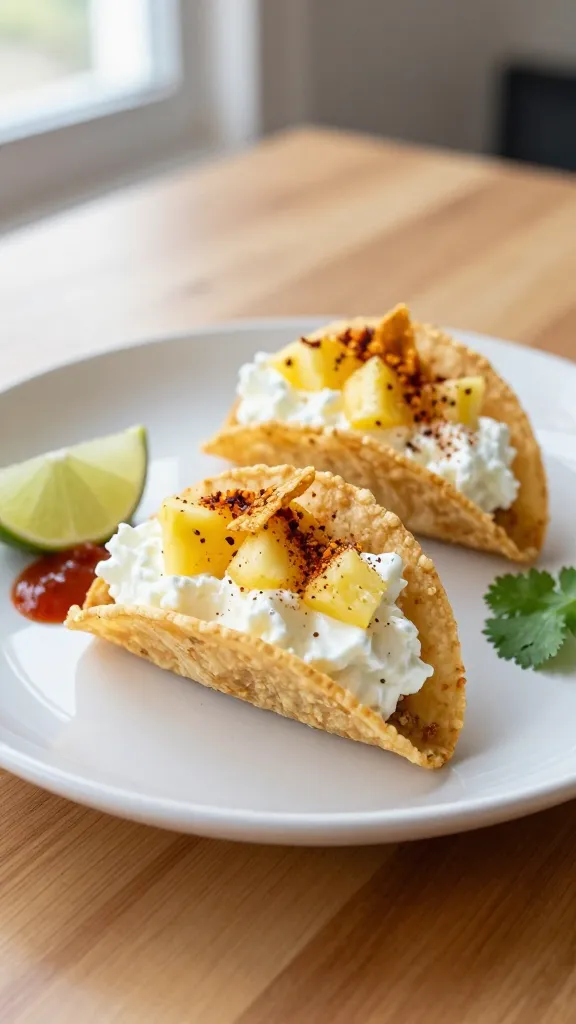 A realistic, high-quality photo of two bite-sized cottage cheese taco cups arranged on a white ceramic plate, styled for a work-lunch vibe. The cups are made from crispy tortilla cups filled with creamy cottage cheese, with finely diced pineapple scattered on top and a light sprinkling of chili powder and cumin. A subtle lime wedge and a tiny drizzle of hot sauce add a pop of color. Include crushed tortilla chips crushed atop the cups for crunch and a fresh cilantro sprig nearby. The setting is modern and desk-friendly: natural light from a window, a clean wooden desk surface, and a neutral background. The main subject should clearly resemble the "Spicy Pineapple Cottage Cheese Taco Cups" and feel vibrant, playful, and protein-packed, ready to be reheated or enjoyed cold. No text on the image.