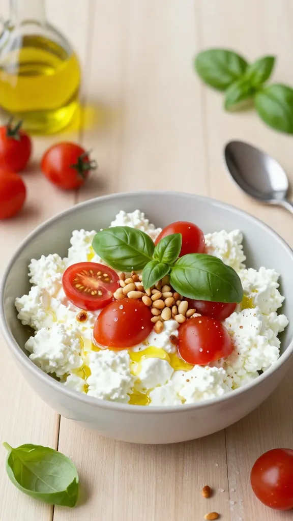 A realistic, high-quality photo of a savory cottage cheese bowl styled for a work lunch, center stage on a light wooden table. The main subject is a generous bowl or shallow dish of white cottage cheese topped with bright cherry tomatoes, fresh basil leaves, a light drizzle of olive oil, and a sprinkle of toasted pine nuts for texture. The setting conveys a wholesome, ready-to-eat meal: soft, creamy cottage cheese contrasted with ruby-red tomatoes and vibrant green basil, with subtle salt crystals visible. Surround with simple, minimalist props: a small glass bottle of olive oil, a scattering of extra cherry tomatoes, a sprig of fresh basil, and a neatly placed teaspoon, all in natural daylight to emphasize freshness and brightness. The composition should feel approachable for a workday lunch, with clean lines, shallow depth of field to keep the bowl in sharp focus, and a warm, inviting color palette. No text on the image.