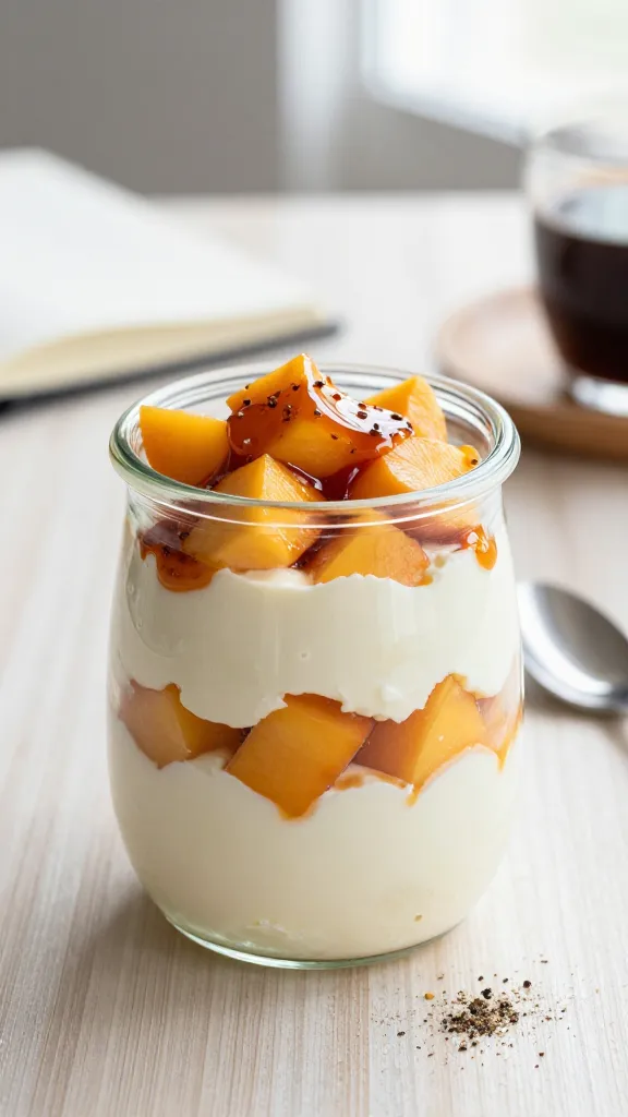 A high-quality, realistic food photography image of a Smoky Chipotle Peach Cottage Cheese Parfait in a clear glass jar, set on a clean, light wood desk with soft natural window light. The parfait shows distinct layers: a creamy, snowy cottage cheese base at the bottom, a vibrant layer of diced peach chunks in the middle, and a smoky, glossy chipotle-honey drizzle or thin hot sauce smear on top for a hint of heat. The glass jar reveals the multi-textured layers with a slight reflection and condensation to emphasize freshness. Surrounding elements include a small spoon, a light sprinkle of cracked black pepper, and a subtle background hint of a tidy office desk with a neutral-toned notebook and a cup of coffee softly out of focus, conveying a midday work-life setting. The main subject should be clearly identifiable as a cottage cheese parfait, with appetizing texture, natural colors, and a clean, modern aesthetic. No text on the image.