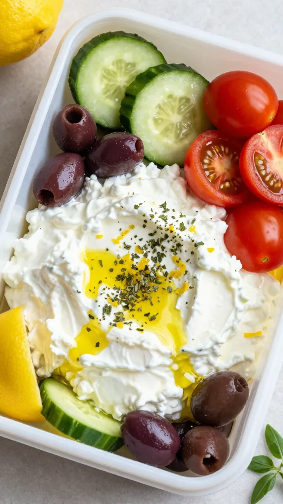 A realistic, high-quality photo of a bright, sunlit lunchbox scene featuring a well-arranged compartmentalized box labeled "Mediterranean Garlic Oregano Cottage Cheese," with the main subject being cottage cheese. The top view or slight angled view shows a generous bowl of creamy cottage cheese as the central element, surrounded by fresh toppings: cucumber slices, kalamata olives, and halved cherry tomatoes. Garnish with a light sprinkle of oregano and finely grated lemon zest, and a delicate drizzle of olive oil over the cottage cheese. Include a small whole lemon and a sprig of oregano nearby to evoke freshness. The container should be sturdy and lunchbox-appropriate, with crisp textures that stay visually appealing. Use natural, warm lighting to emphasize vibrant greens, deep purples, and the golden hue of olive oil, conveying a satisfying, travel-friendly, gourmet-meets-simple lunch. No text on the image.