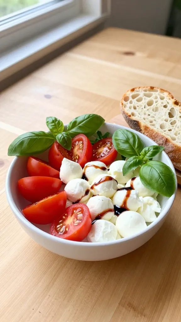A high-resolution, photorealistic still-life of a Caprese-inspired cottage cheese lunch bowl set on a clean, light wooden desk. Centerpiece: a small, shallow white bowl filled with creamy cottage cheese, topped with bright cherry tomato halves and delicate mozzarella pearls arranged in a simple, appetizing pattern. Surrounding elements include fresh basil leaves artfully scattered, a glossy balsamic glaze drizzle in a decorative, thin ribbon across the cottage cheese, and a few arugula leaves adding a peppery contrast. To the side, a crusty baguette slice rests partially visible, inviting a bite. The scene is lit with soft, natural daylight from a nearby window, creating gentle shadows and a warm, casual desk lunch vibe. No text overlays.