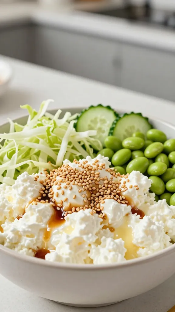 A high-resolution, photorealistic close-up of a nutritious lunch bowl titled “Crunchy Asian-Inspired Sesame Cottage Cheese Bowl.” The main subject is a textured bowl of creamy cottage cheese as the base, topped with shredded cabbage, thin cucumber ribbons, and bright green edamame for color and crunch. Sprinkle sesame seeds generously over the top, with a subtle drizzle of soy sauce and a tiny splash of lime juice to add shine and moisture. The scene should evoke a tiny healthy takeout vibe, with a slightly glossy finish on the cottage cheese and fresh, crisp veg. Include a backdrop of a modern, clean kitchen counter with soft natural lighting that highlights the sesame aroma and inviting textures, ensuring no text appears in the image.