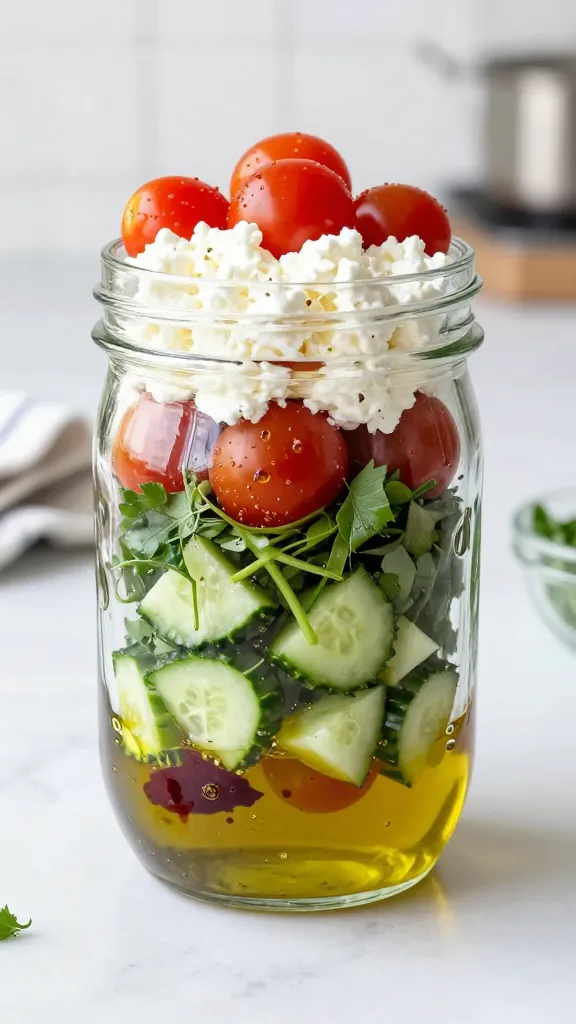 A high-resolution, realistic photograph of a mason jar lunch on a clean white kitchen countertop. The jar is arranged in a three-layer composition: the bottom shows a glossy dressing of olive oil with red wine vinegar and a hint of mustard, visible through the glass; the middle layer contains vibrant chopped cucumbers, fresh greens, and assorted chopped herbs; the top layer is creamy cottage cheese topped with bright cherry tomatoes. The jar is labeled subtly in the scene with no visible text, and the background includes soft natural light from a window, a folded cloth napkin, and a small open container of herbs in the blurred background to emphasize freshness. The overall color palette is bright and fresh—greens, reds, and the creamy white of cottage cheese—with a focus on crisp textures and a ready-to-go lunch that suggests portability and zippy flavor. No text on the image.