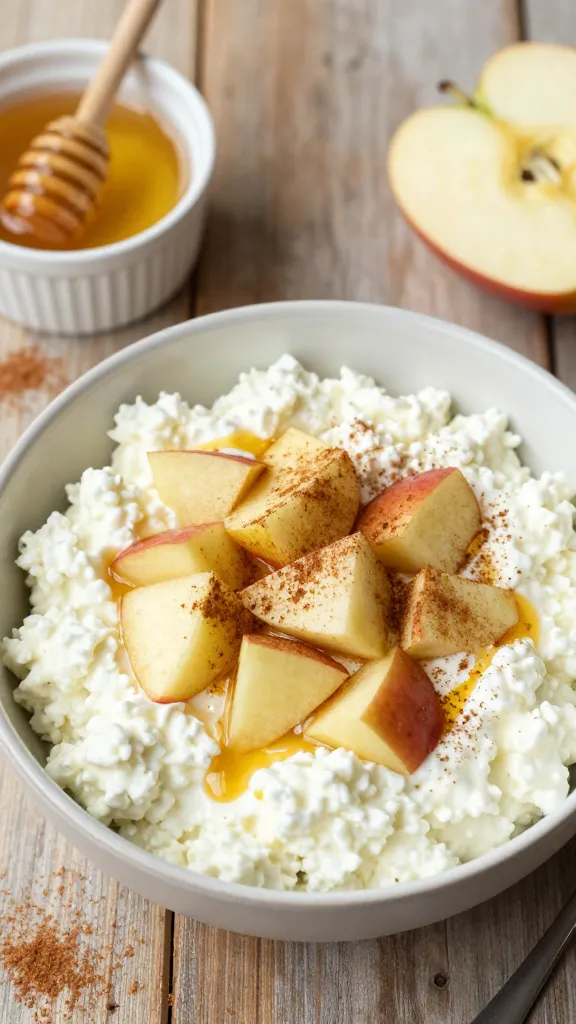 A high-resolution, realistic food photograph of a bright, inviting lunch scene featuring a bowl of creamy cottage cheese topped with diced apples and a light dusting of cinnamon, with a drizzle of honey. Include a small ramekin of honey and a sprinkle of cinnamon nearby, along with a few apple slices and a rustic wooden table setting to evoke a cozy, fall-inspired vibe. The main subject should be clearly the cottage cheese mix, presented as a ready-to-eat lunch option, with natural lighting highlighting the creamy texture and the contrast of apples, cinnamon, and honey. No text on the image.