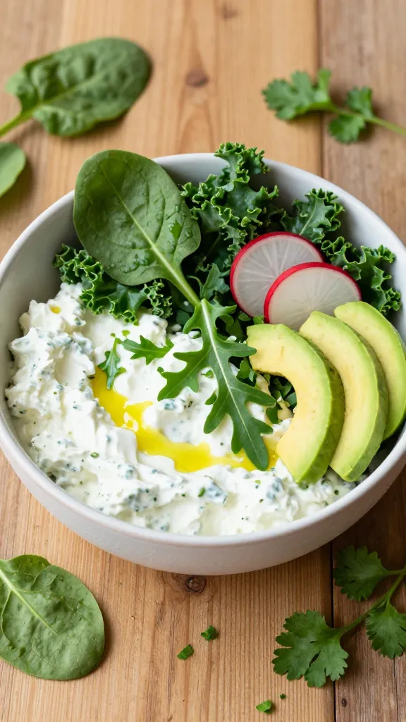 A high-resolution, realistic food photography scene featuring a vibrant, nourishing Green Goddess Cottage Cheese Power Bowl as the main subject. The bowl sits on a rustic wooden table with natural, soft daylight. The creamy cottage cheese forms the base, topped generously with bright green spinach, kale, and arugula leaves, plus avocado chunks for richness, thin radish slices for a pop of color, and a light drizzle of lemon juice. The scene includes fresh herbs like parsley and cilantro subtly scattered around for framing. The color palette emphasizes fresh greens, creamy white cottage cheese, and the warm tones of the wooden surface. The bowl is styled simply yet elegantly, with slight condensation on the bowl’s edge, a clean, uncluttered background, and a sense of freshness and wellness that conveys a spa-day-for-lunch vibe. No text or branding visible in the image.
