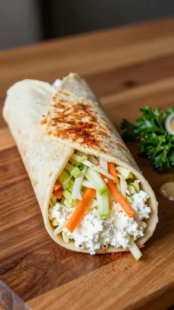 A high-quality, hyper-realistic photo of a hand-rolled wrap resting on a wooden desk, filled with vibrant ingredients: creamy cottage cheese as the base with a crisp slaw layer of shredded cabbage, grated carrot, and celery, all visible at the open end of the wrap. The wrap is lightly toasted, revealing a warm golden exterior, with a subtle dusting of paprika and cayenne from the dry rub on the cottage cheese. A side of fresh parsley and a small drizzle of light dressing sit nearby to suggest a quick, tasty lunch to take to work. Soft, natural desk lighting highlights the textures: the creamy cottage cheese, crunchy slaw, and the pliable wrap, conveying a quick, spicy, desk-friendly Cajun-style lunch. The main subject reflected clearly: the Cajun-Style Cottage Cheese Slaw Wrap. No text or branding on the image.
