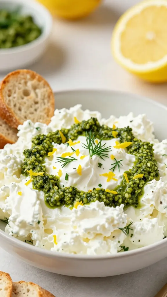 A high-resolution, realistic food photography scene featuring a bright, fresh cottage cheese dish as the main subject. A shallow depth of field highlights a generously scooped bowl or plate of creamy cottage cheese topped with vibrant green pesto swirls, lemon zest, and delicate dill sprigs. Surround the bowl with light, crispy grain crackers and small whole-grain baguette slices arranged nearby. The background is clean and softly blurred with a warm, inviting kitchen or dining setting, natural daylight emphasizing the citrusy brightness and herbaceous aroma. Emphasize texture: creamy cottage cheese, chunky pesto, zesty lemon zest, and leafy dill, with a color palette of pale whites, vibrant greens, and sunny yellows. No text on the image. Continuous, appetizing composition suitable for a high-end food magazine.