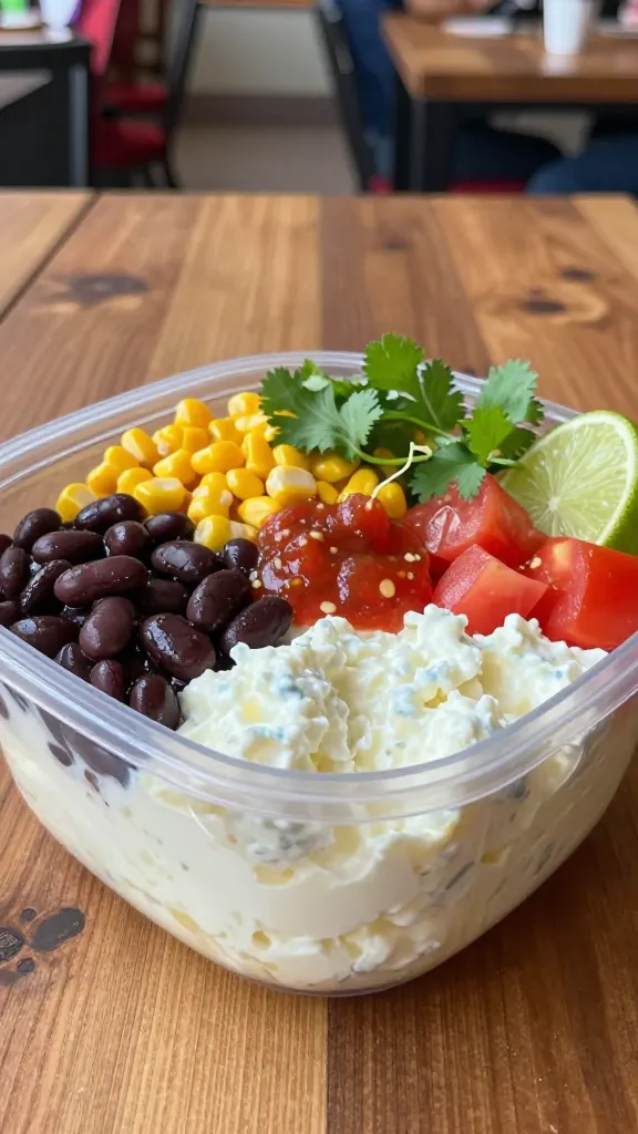 A high-quality, realistic food photography image of a heaping cottage cheese bowl as the main subject, styled in a vibrant Southwest theme. In a clear, sectioned meal container placed on a rustic wooden table, showcase a cottage cheese base topped with black beans, sweet corn, and diced tomatoes, with a light drizzle of salsa. Include fresh cilantro sprigs and a lime wedge on the side for finishing accents. The composition should emphasize a colorful, balanced lunch that looks hearty and budget-friendly, with natural lighting highlighting the textures of creamy cottage cheese and glossy beans, and a subtle background hint of a busy work environment blurred to imply back-to-back calls. No text on the image.