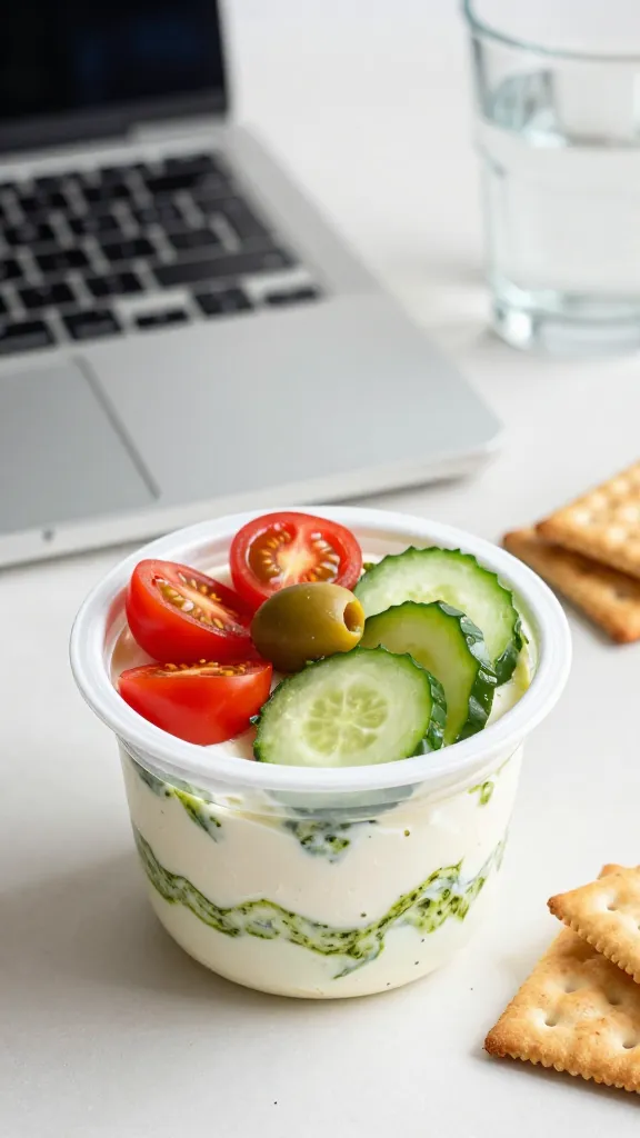 A realistic, high-quality photo of a portable, single-serve cottage cheese spread cup sitting on a clean desk next to a small, leak-proof container labeled with a subtle, minimal label. The cup is layered with a creamy cottage cheese base, airy pesto swirled within, and topped with vibrant cherry tomato halves, cucumber coins, and a few olives for color. Surrounding the cup are simple desk essentials: a laptop keyboard in soft focus, a glass of water, and a few bite-sized crackers arranged nearby. The lighting is bright and natural, highlighting the fresh ingredients and the creamy texture of the spread, with a shallow depth of field to keep the focus on the featured pesto veggie spread cup. No text or branding visible on the image.