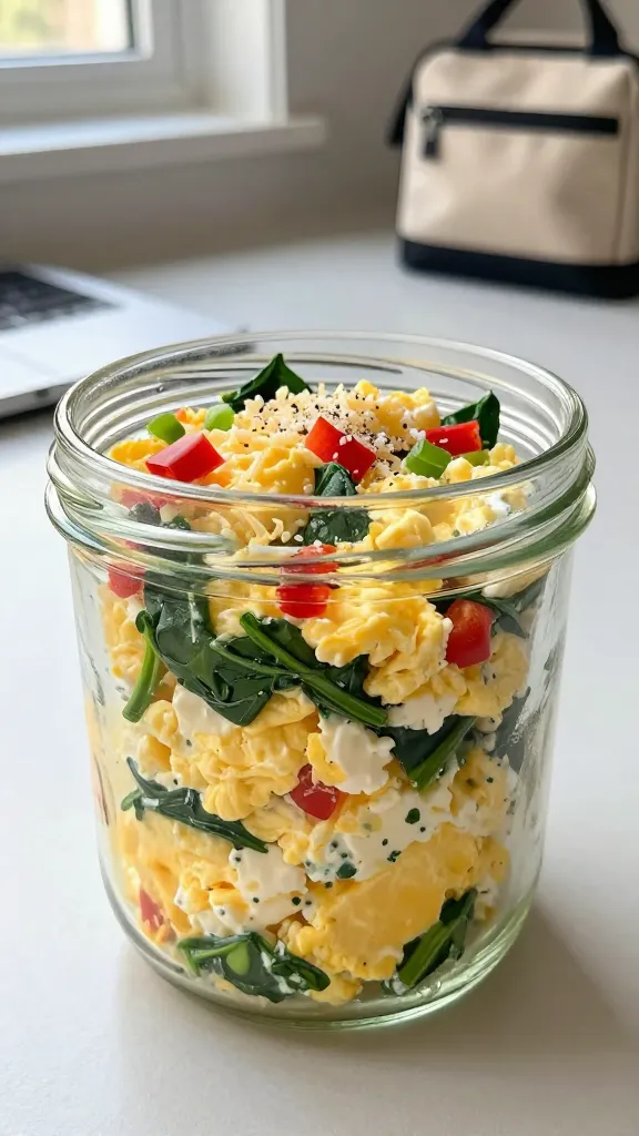 Create a hyper-realistic, high-quality photo of a breakfast-for-lunch cottage cheese scramble jar as the main subject. Centered is a clear, microwave-safe glass jar filled with a fluffy scramble: light yellow eggs folded with creamy cottage cheese, speckled with bright green spinach, small diced red peppers, and chopped green onions. The jar sits on a clean kitchen counter with soft natural light from a nearby window reflecting off the glass. Include a subtle sprinkle of shredded cheese on top, with a light dusting of salt and pepper. In the background, slightly out of focus, show a minimalist work desk setup with a smartphone and a small lunch tote to imply a work-ready meal. The scene conveys comfort, practicality, and high-protein meal prep in a brunch-like vibe without any text or labels on the image.